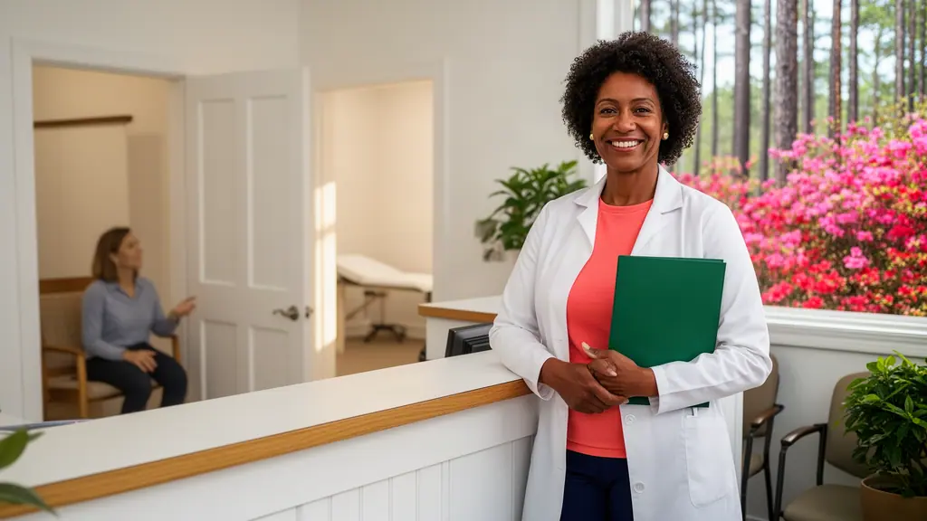 A smiling physician holding a green folder at the front desk of a bright family practice, azaleas blooming outside.